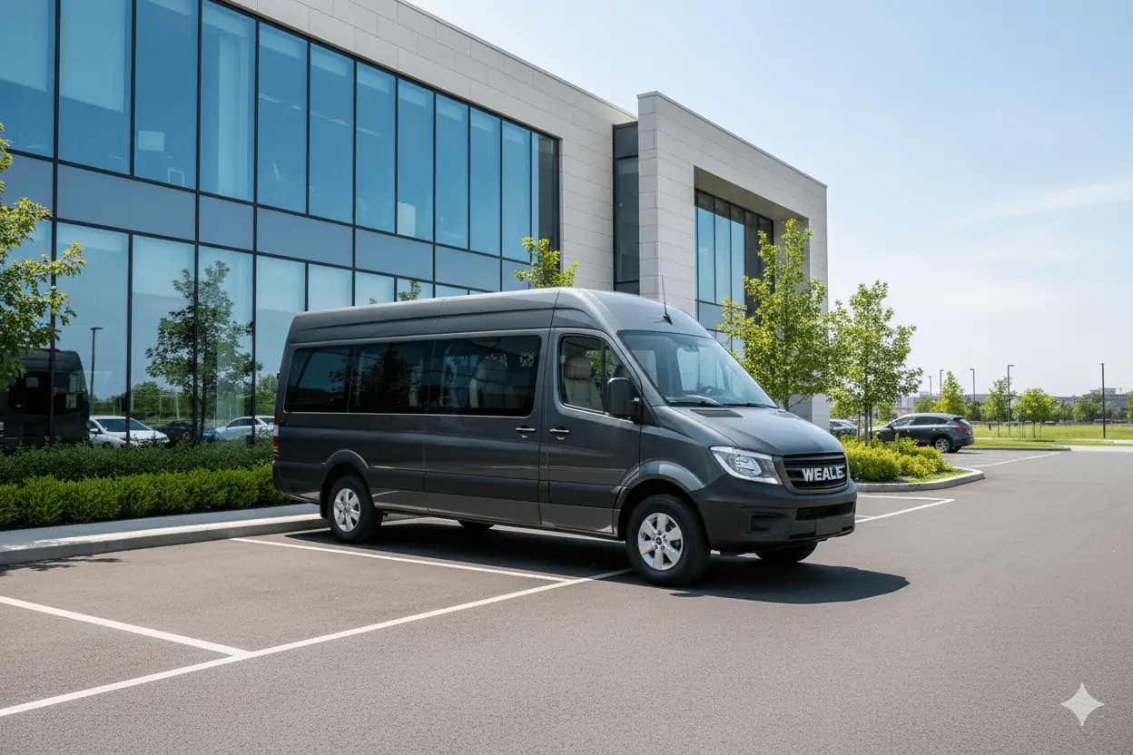 Weale LimoBus exterior view at modern corporate facility